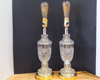 Pressed Glass Lamps - Pair, Urn Shaped Cut Glass Lamps, Crystal Table lamp, Hollywood Regency Style Lamps, Vintage Lamps