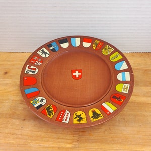 Vintage Flags of Swiss Cantons Musical Box Shaped Like Plate, Flags of Swiss Plate