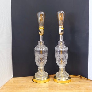 Pressed Glass Lamps - Pair, Urn Shaped Cut Glass Lamps, Crystal Table lamp, Hollywood Regency Style Lamps, Vintage Lamps