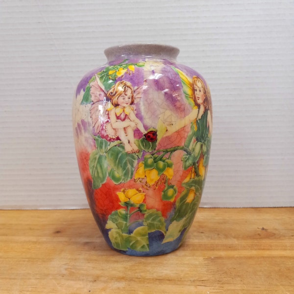 Vintage Decoupage Style Vase with Fairies in the Garden, Glazed Vase with Fairies, Shabby Chic Vase, Gift for her, Tea Party Centerpiece,