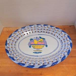 Large Blue and White Pierced Serving Platter with Fruits, Centerpiece Pierced Ceramic Bowl, Framhouse Decor, Cottage Decor, French Country