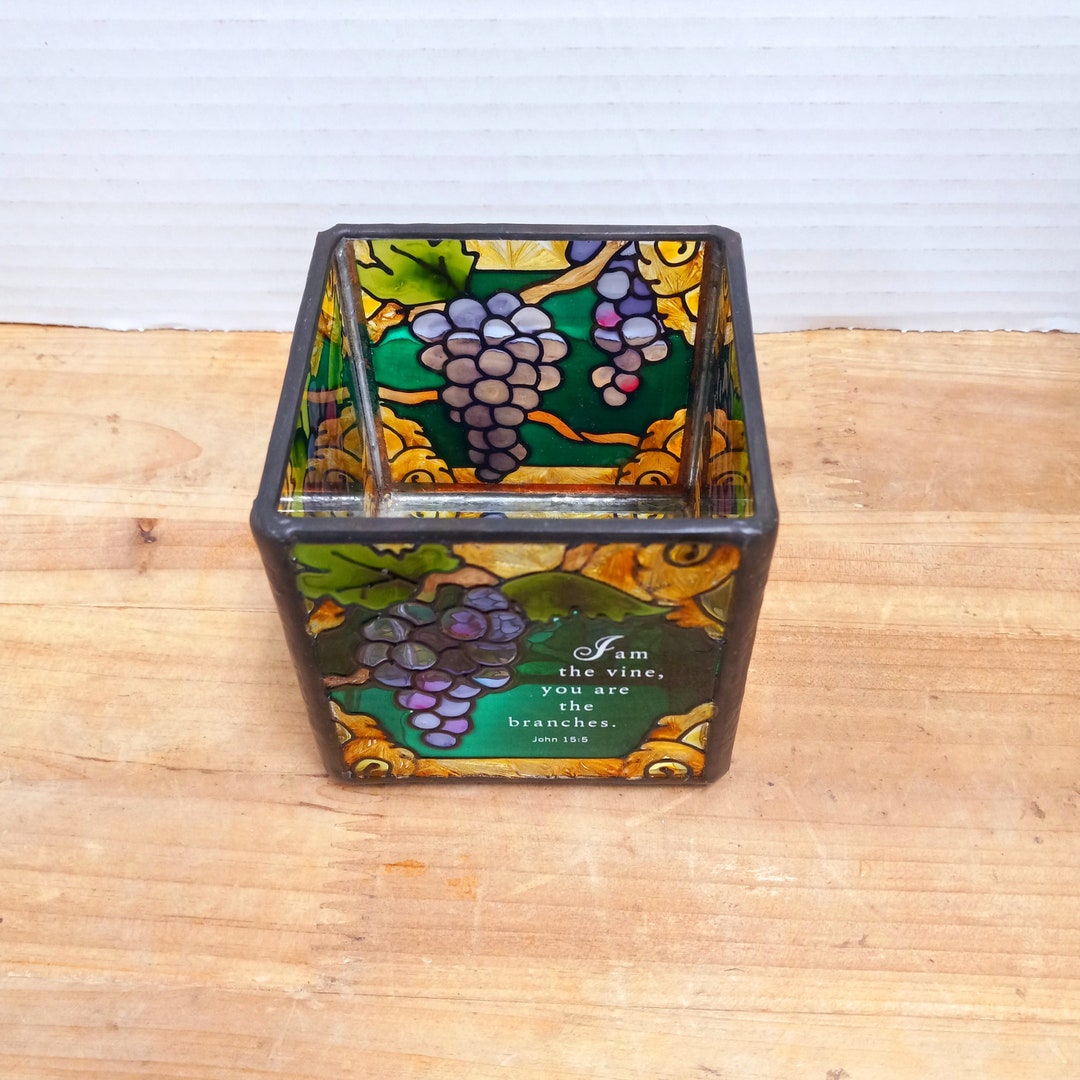 Vintage Stained Glass Candle Holder Grapes Joan Baker Stained Etsy