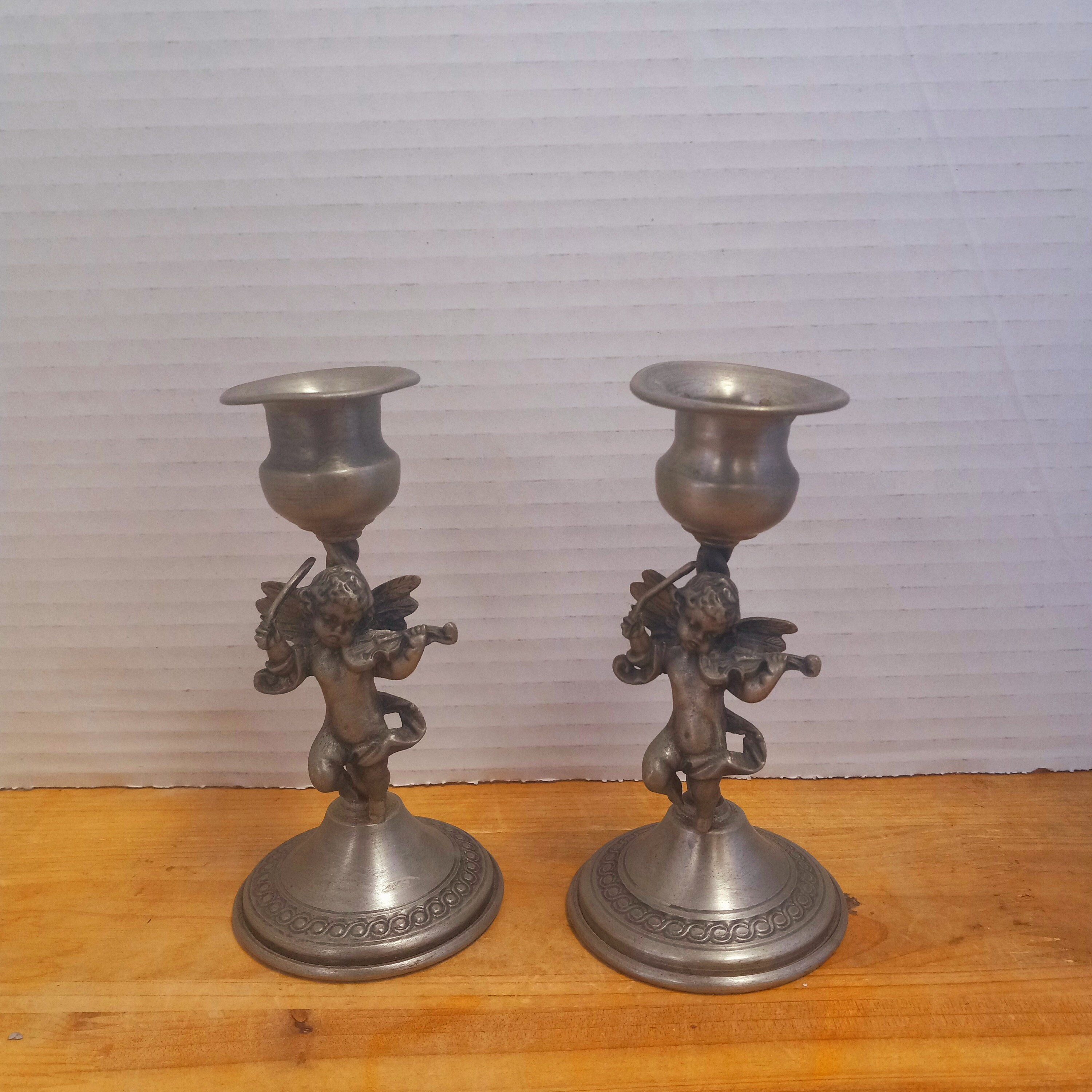 Vintage Pewter Candlestick Holders: Cherub Violinist Pair, SKS