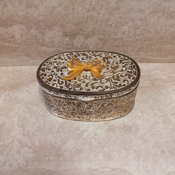 Ornate Silver-Tone Oval Trinket Box with Gold Accents Oval Silver plated Antique Rose Trinket Box - Engrave It Online main image 4