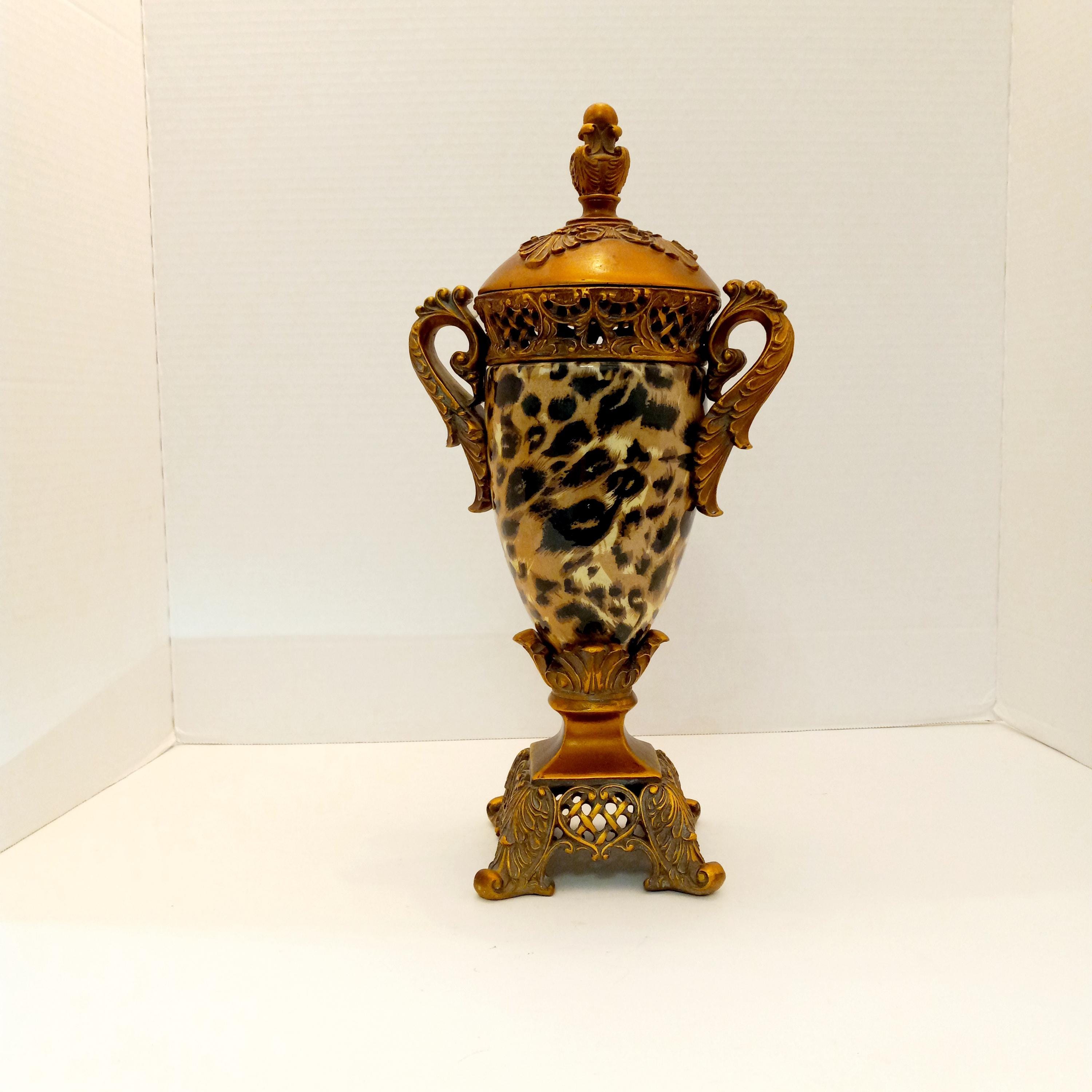 Vintage Cremation Urn Safari Pattern, Animal Pattern Temple Jar, Trophy Shaped Jar Cheetah Pattern, Art Deco Decor