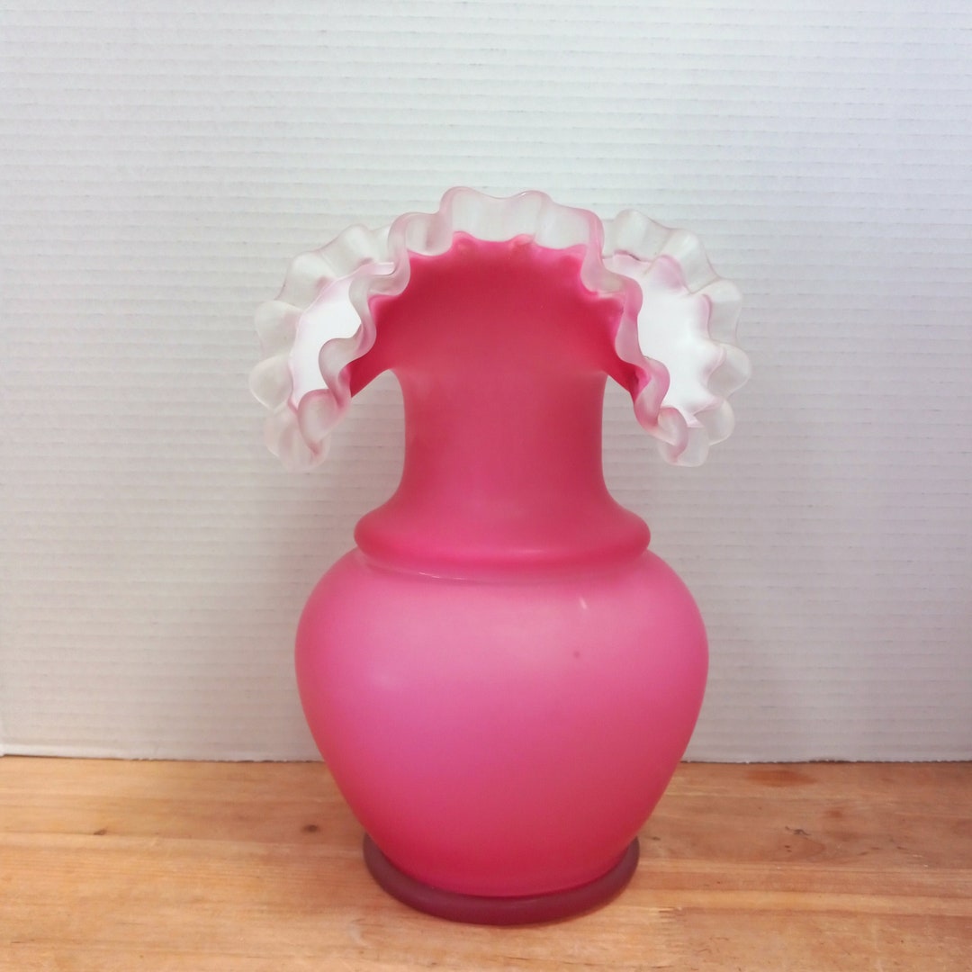 Vintage Case Glass Vase Cranberry and Satin White, Vintage Swirl Glass