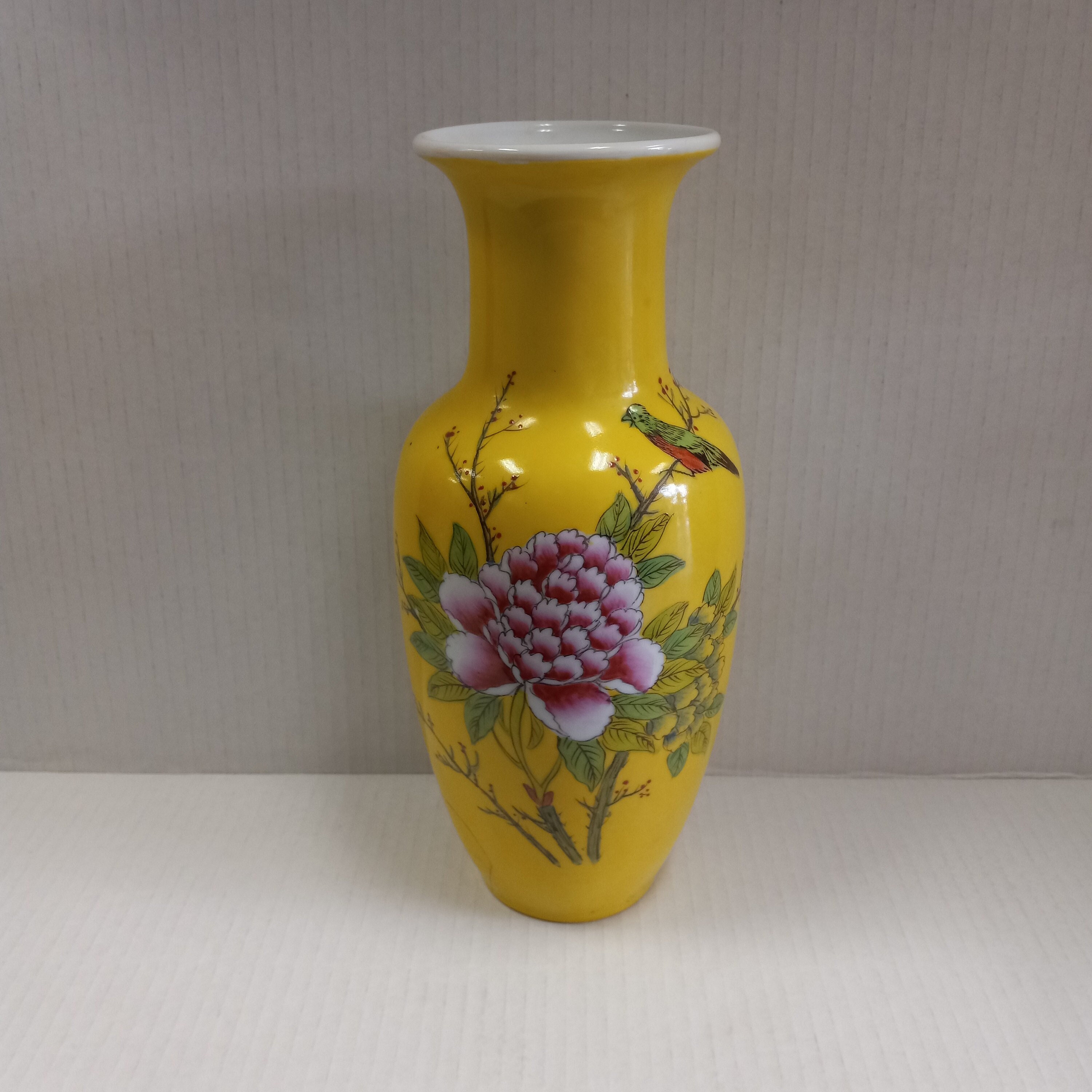 Rare Quing Guangxu Yellow Glaze Vase: Hand-decorated Peony, Birds
