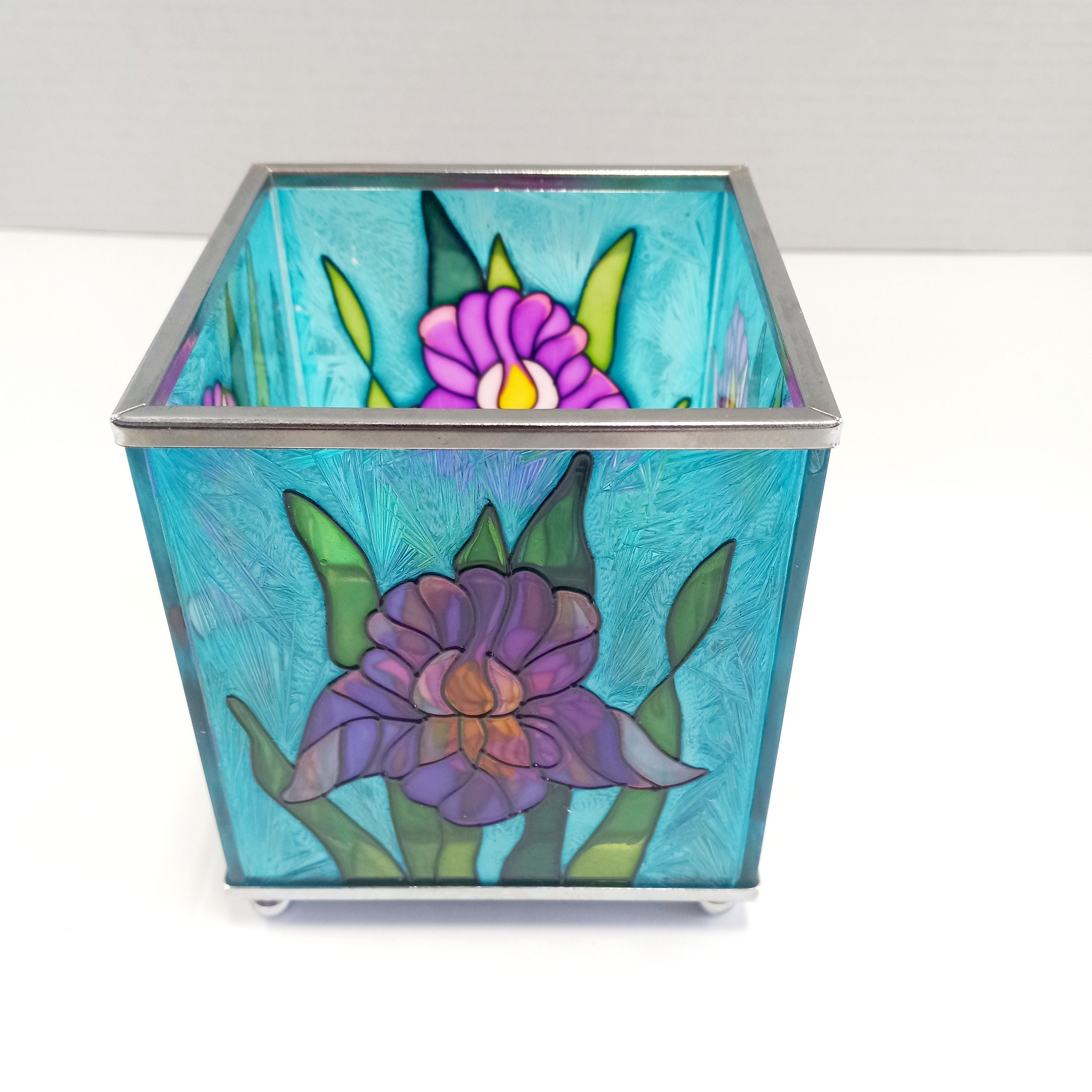 Painted Glass Iris Candle Holder Hand Painted Candle Holder Etsy