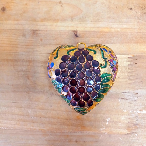 Cloisonne Heart Ornament: Grapes and Butterflies, Valentine's Gift
