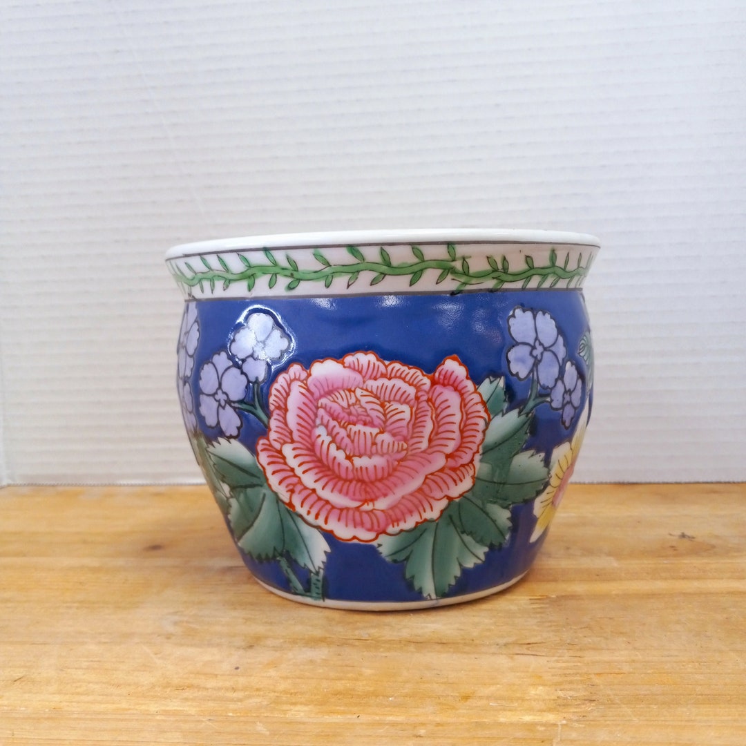 Vintage Ocean Blue Fish Bowl Planter With Flowers, Vintage Jardiniere