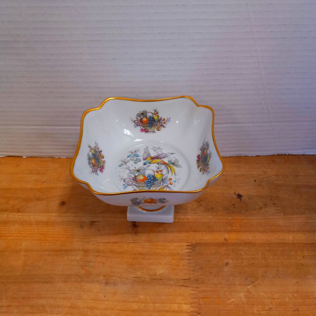 Vintage Limoges Pedestal Ring Dish With Bird and Fruits in Basket