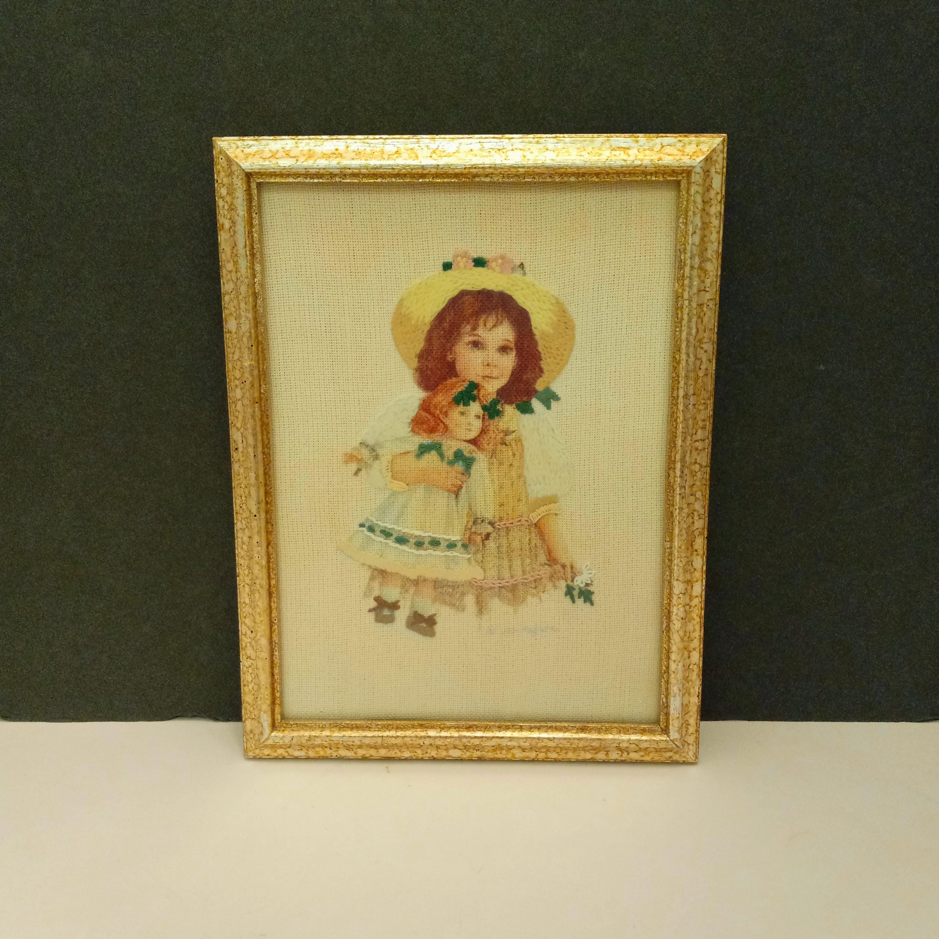 Vintage Needlepoint Art: Girl With Doll by Jan Hagara (6.5