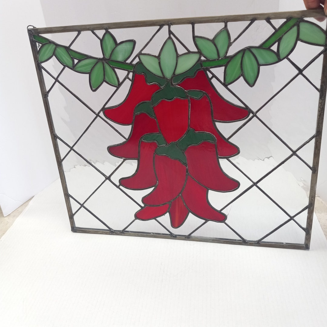 Vintage Stained Glass Panel 19 Inches Red Chilli Peppers Etsy