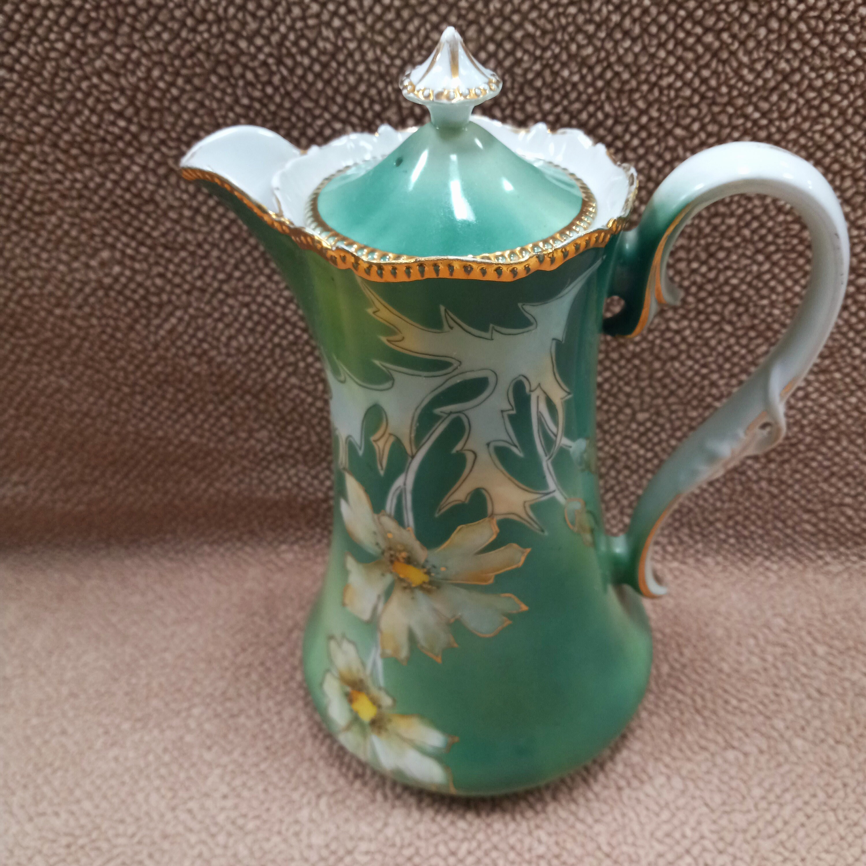 Antique Chocolate Pot Set 9 Pc., Nippon Style Chocolate Pot Set, Green