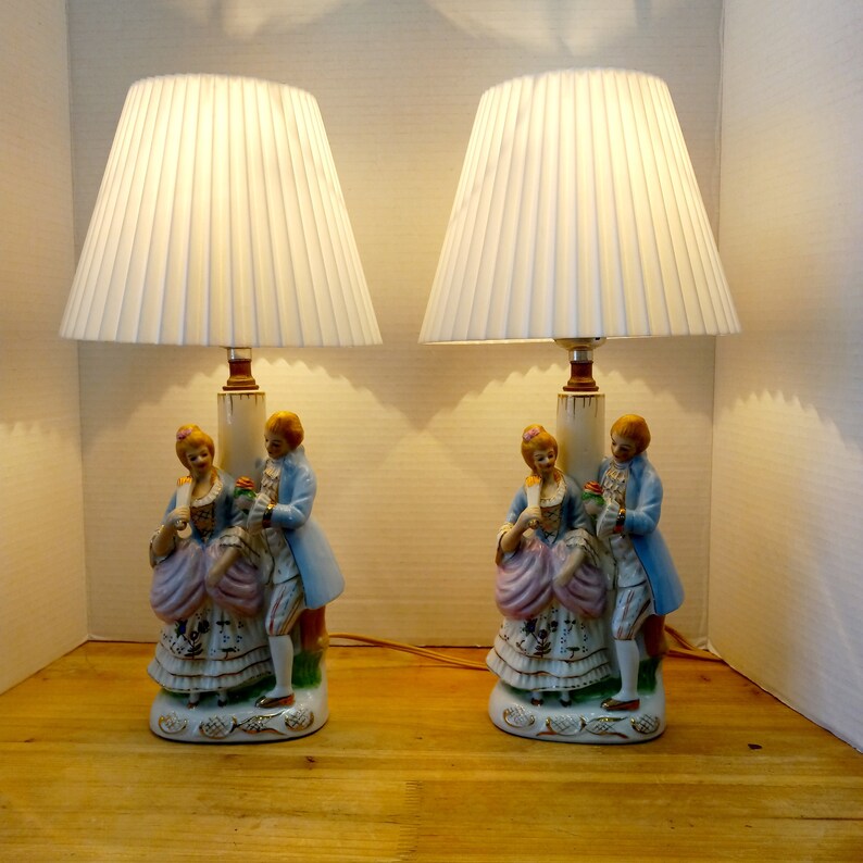 Pair Victorian Lamps Courting Couple, 2 Lamps Courting Couple Occupied