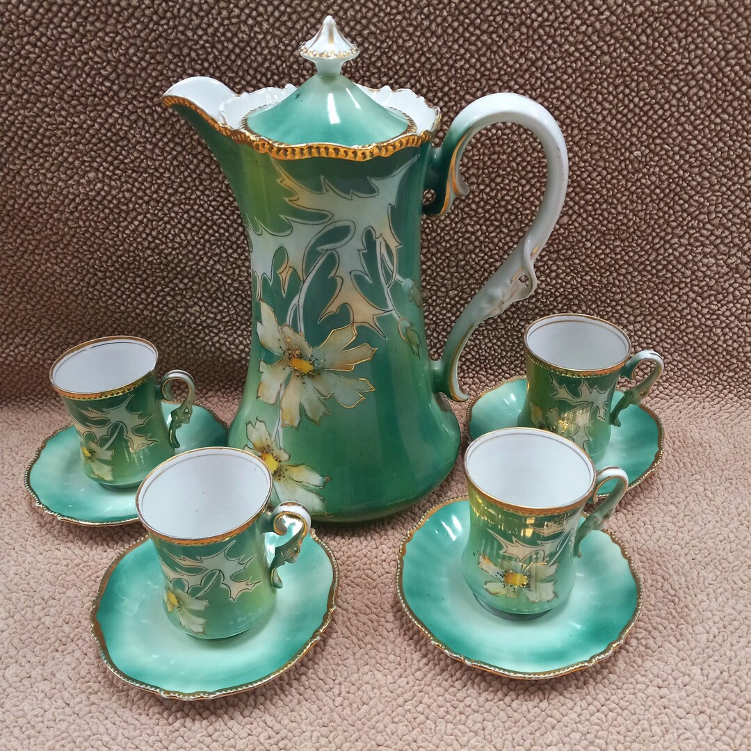 Antique Chocolate Pot Set 9 Pc., Nippon Style Chocolate Pot Set, Green