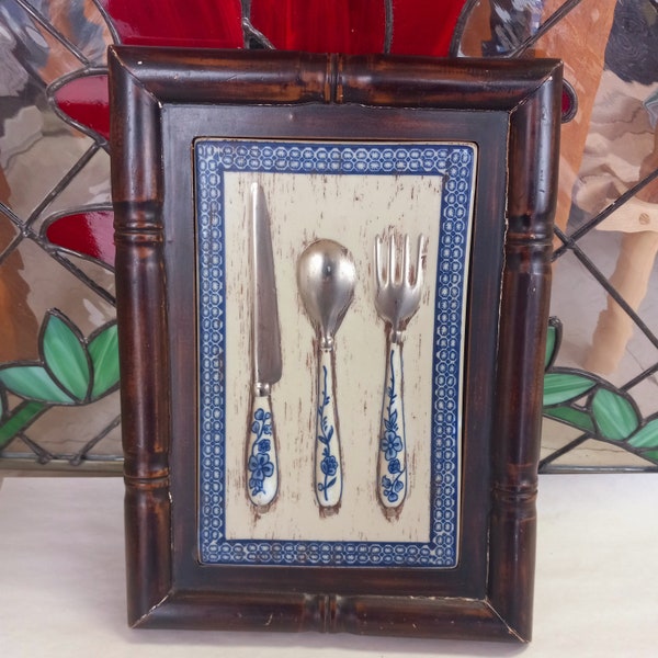 Vintage Shadowbox, Vintage Kitchen Decor, Farmhouse Decor, Framed Kitchen Utensils, Rustic Decor, Cottage Decor, Framed Knife Spoon Fork