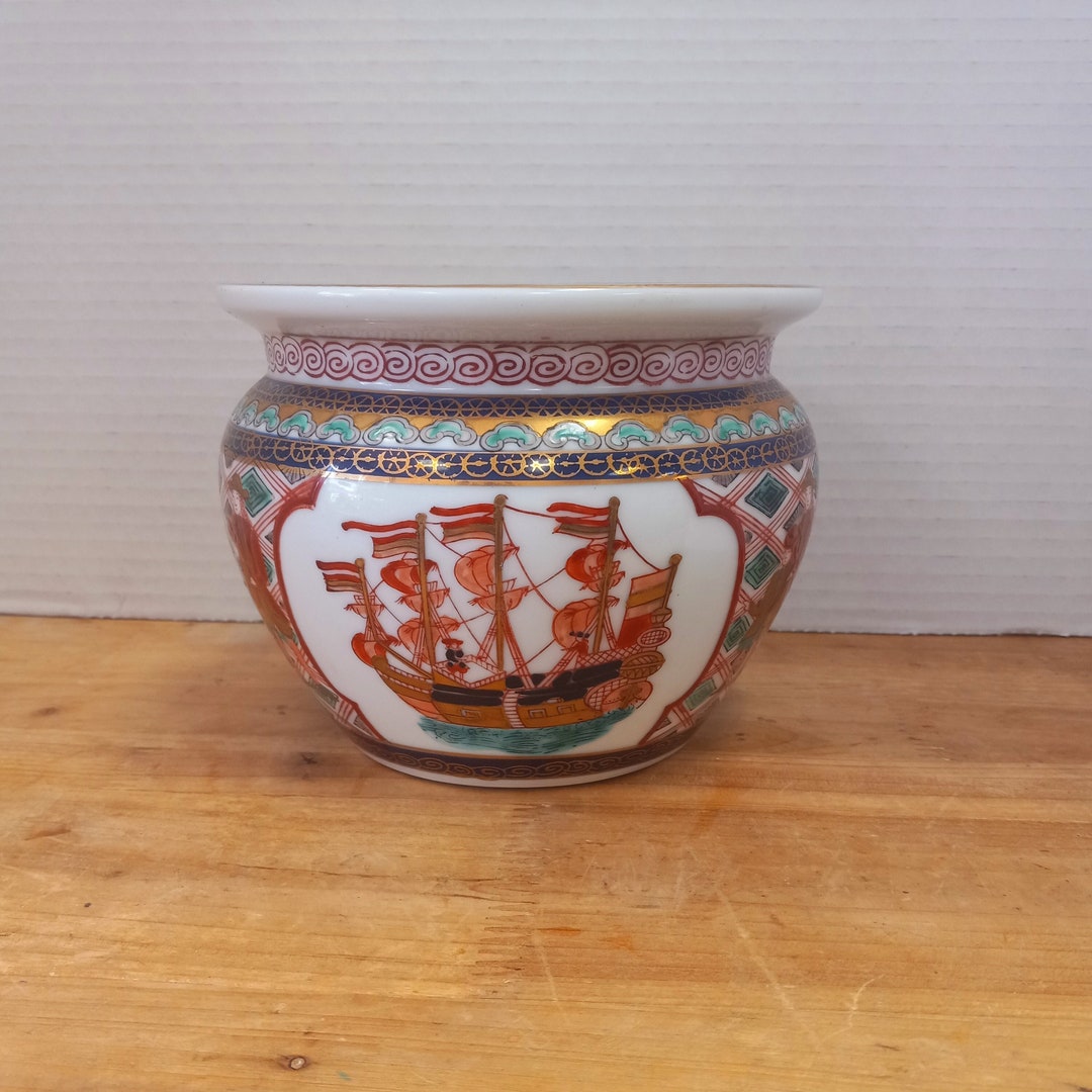 Vintage Gold Imari Fish Bowl Planter Sailboat Pattern, Gold Imari