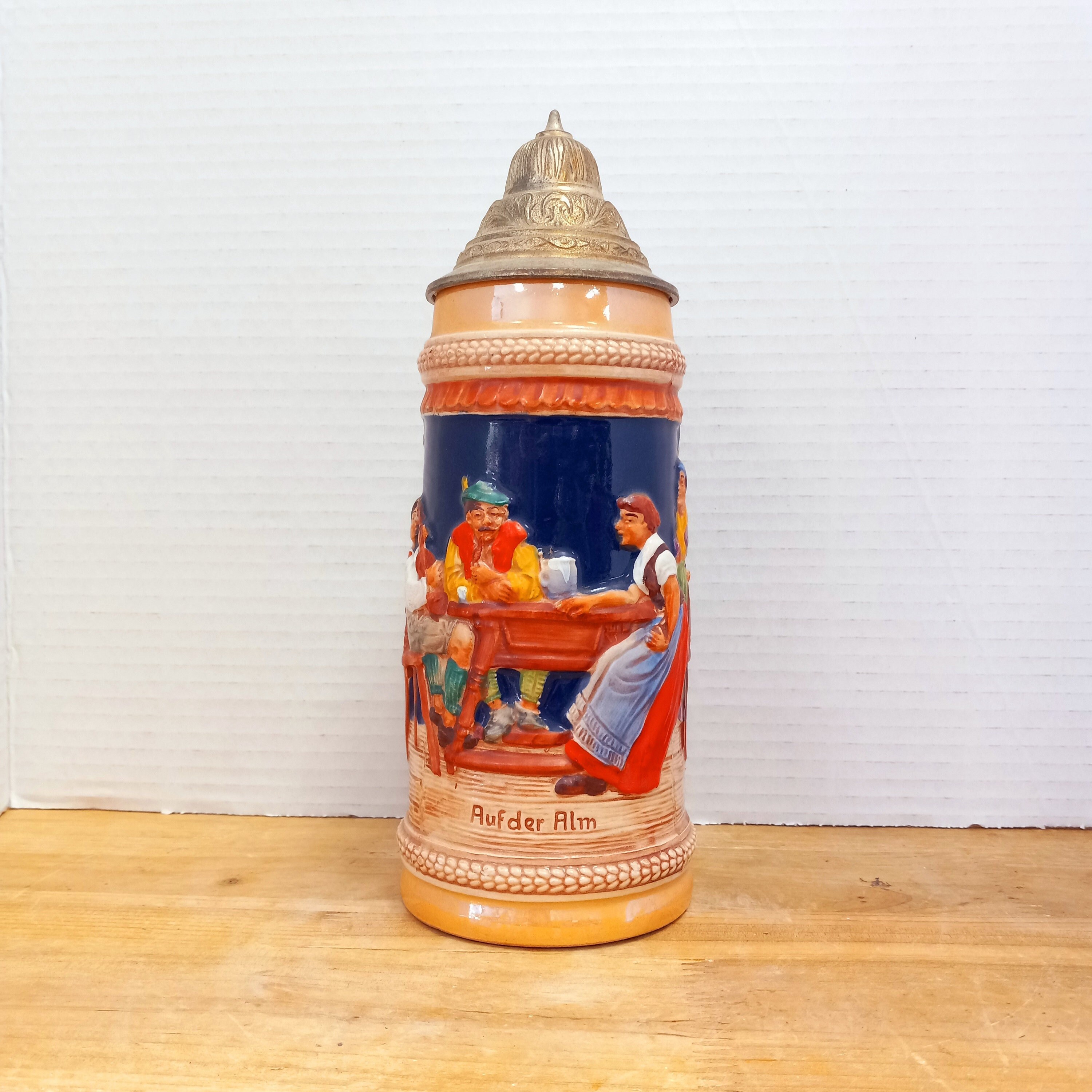 Vintage Gerz Germany Beer Stein: Pewter Lid, Auf Der Alm