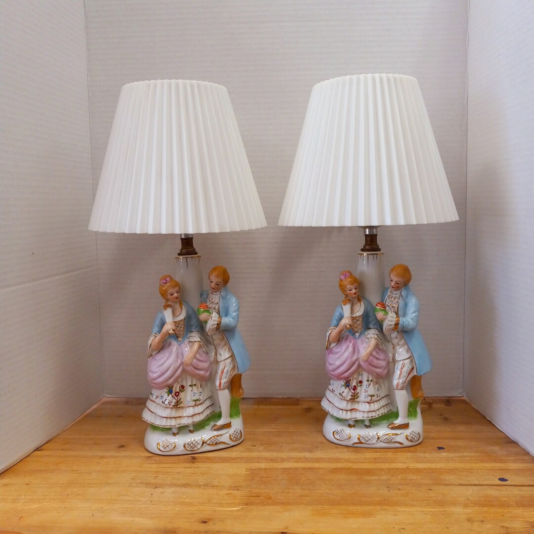 Pair Victorian Lamps Courting Couple, 2 Lamps Courting Couple Occupied