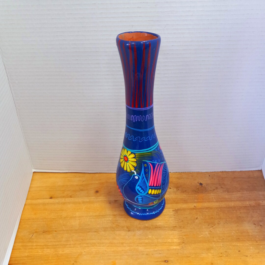 Mexican Folk Art Vase Tall and Skinny With Birds and Flowers Etsy