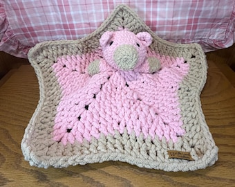 Crocheted Baby Lovey / Stuffed Pig Security Blanket / Crocheted Plush Pig