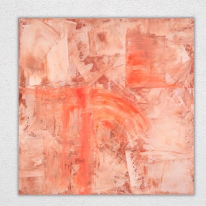 Könnte beinhalten: Abstraktes Gemälde mit einer Mischung aus Pfirsich-, Korallen- und Orangetönen. Die Farbe ist in dicken Schichten aufgetragen, wodurch eine strukturierte Oberfläche entsteht. Die Farben sind leuchtend und kräftig, und der Gesamteindruck ist energiegeladen und dynamisch.