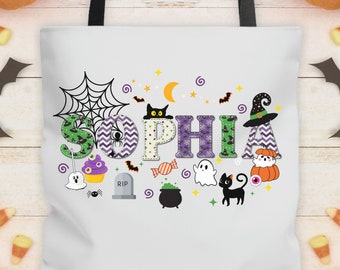 Trick or Treat Bag, Personalized Halloween Tote Bag, Customized Halloween Name Bag, Cute Halloween Treat Bags for Kids, Kids Halloween Bag,