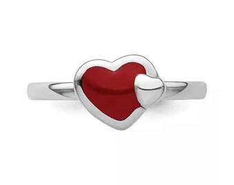 Red Heart Enameled Sterling Silver Ring - Stackable Valentine's Gift