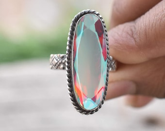 Handmade Oval Angel Aura Quartz Ring: 925 Sterling Silver