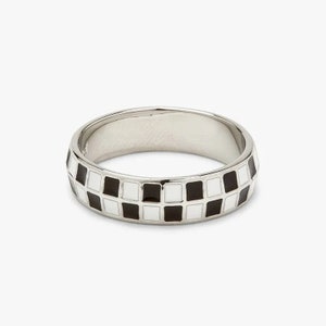 925 Silver Checkered Ring, Chunky Silver Ring, Thick Silver Ring Band, Checkerboard Ring, Black & White Ring, Checkerboard Ring