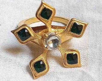 Green Enamel Flower Spinner Ring: Brass Fidget, Boho Meditation Jewelry