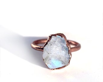 Handmade Raw Moonstone Copper Ring: Adjustable Boho Jewelry