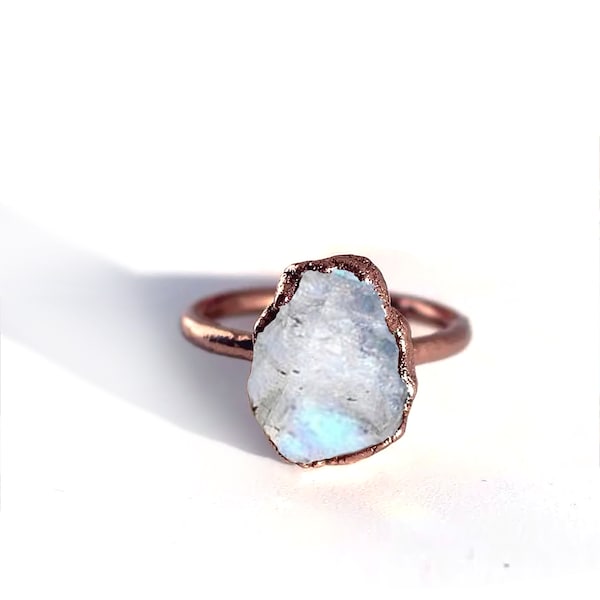 Raw Moonstone Ring, Blue Moonstone Crystal, Handmade Raw Stone Ring, Uncut Gemstone Ring, Christmas Gift, Crystal Raw Moonstone Jewelry