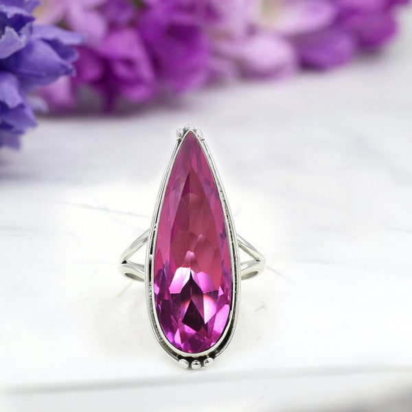 Bague en argent avec quartz fuchsia, argent sterling 925, quartz rouge fuchsia, fait main, bague ovale en filigrane fabriquée à la main pour femme, bijoux cadeaux