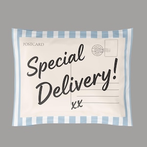 May include: A rectangular pillow featuring a postcard design with a cream-colored center and light blue and white striped borders. The text reads POSTCARD, Special Delivery!, and xx, with a circular stamp graphic and lines for an address.