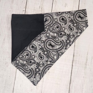 Paisley Dog Bandana Personalized Grey and Black and Solid Black on Reverse Side Slides Over the Collar