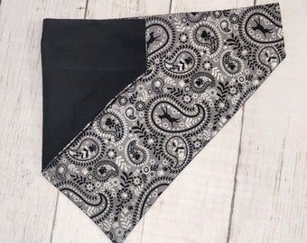 Paisley Dog Bandana Personalized Grey and Black and Solid Black on Reverse Side Slides Over the Collar