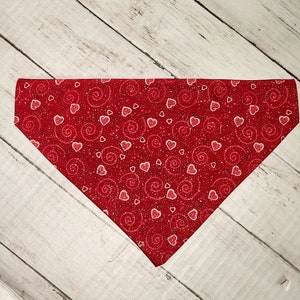 Red Valentine&#39;s Dog Bandana | Hearts N Scrolls Pet Neck Wear | Slides Over the Collar