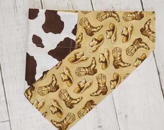 Western Dog Personalized Bandana Reversible Cowboy Boot And Cow Print Pet Bandana
