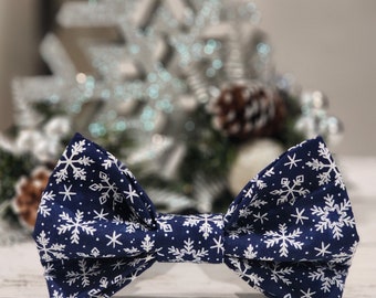Snowflake Blue Dog Bow Tie | Christmas Blue and White Holiday Pet Tie