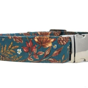 May include: Teal blue dog collar with a floral pattern featuring leaves, flowers, and pine cones. The collar has a silver buckle and D-ring.