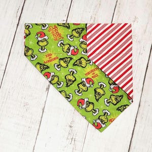 Grinch Christmas Dog Personalized Bandana Red Candy Cane Striped Double Sided Feeling Grinchy Naughty or Nice X-Mas Pet Bandana