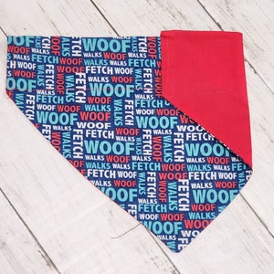 Reversible Dog Bandana | Personalized Woof Fetch Bandan with Red on Reverse Side | Over the Collar