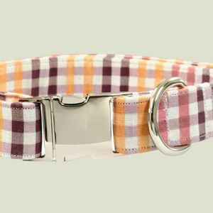 May include: A pink, orange and white checked dog collar with a silver buckle and D-ring.