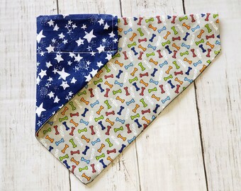 Woof Dog Bandana | Personalized Dog Bandana | Double Sided Pet Bandana Gray With Wolf Bones And Blue With Stars