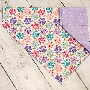 Easter Dog Paw Bandana With Paw Prints | Double - Sided Spring Dog Bandana With Purple Teal And Pink Paws