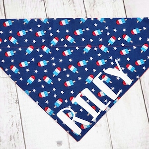May include: A blue dog bandana with a pattern of red, white, and blue popsicles and white stars. The name "RILEY" is printed in large white letters across the bottom of the bandana. The bandana is triangular in shape.
