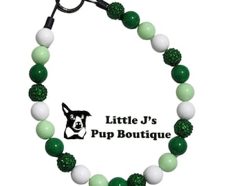 Green Beaded Dog Collar White Green Pet Necklace Elegant Collar