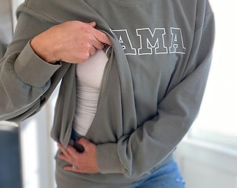 MAMA Embroidered Waffle Knit Sweatshirt, Breastfeeding Friendly Hidden Side Zipper Sweater, Plus Size Nursing Mother
